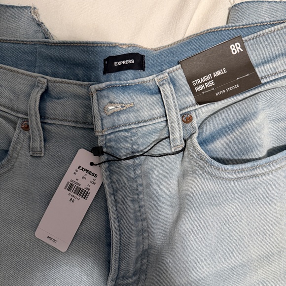 Express High Waisted Light Wash Raw Hem Straight Ankle Jeans - Picture 3 of 6